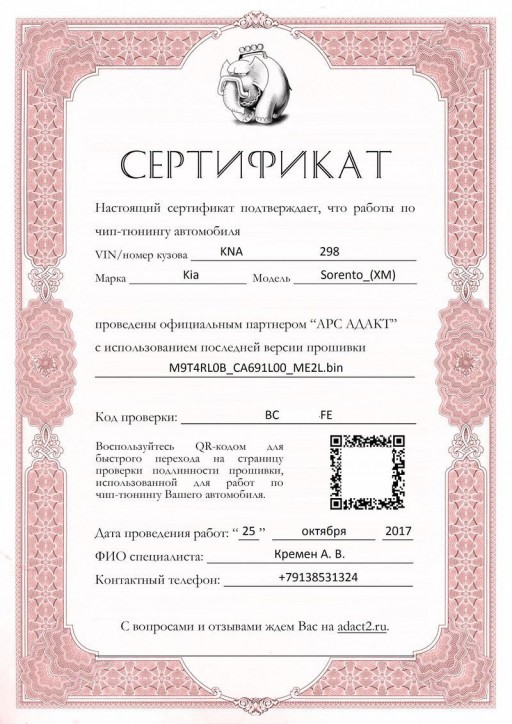 Kia Sorento XM 2.4L G4KE - Сертификат на прошивку