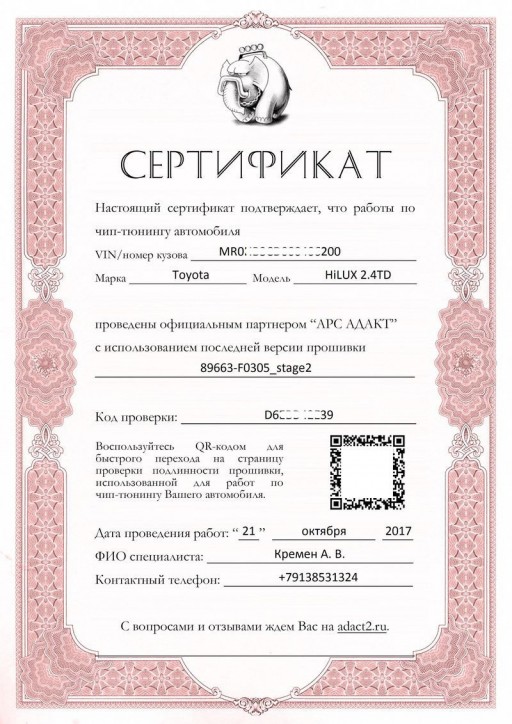 Toyota Hilux 2.4TD (2GD-FTV) - Сертификат подлинности прошивки