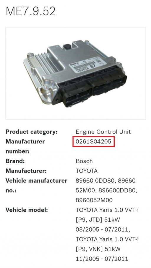 Toyota Yaris KSP90 1KR-FE Bosch ME7.9.52 - Информация о блоке управления